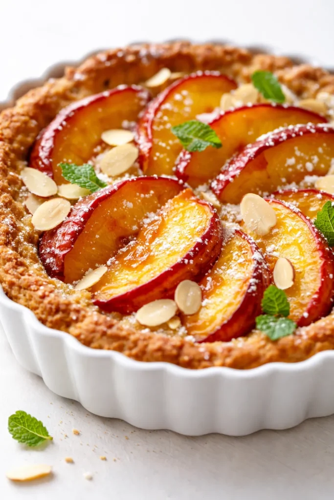 Golden browned butter frangipane tart topped with sliced fresh peaches and toasted almond slivers, showing flaky crust and creamy filling.