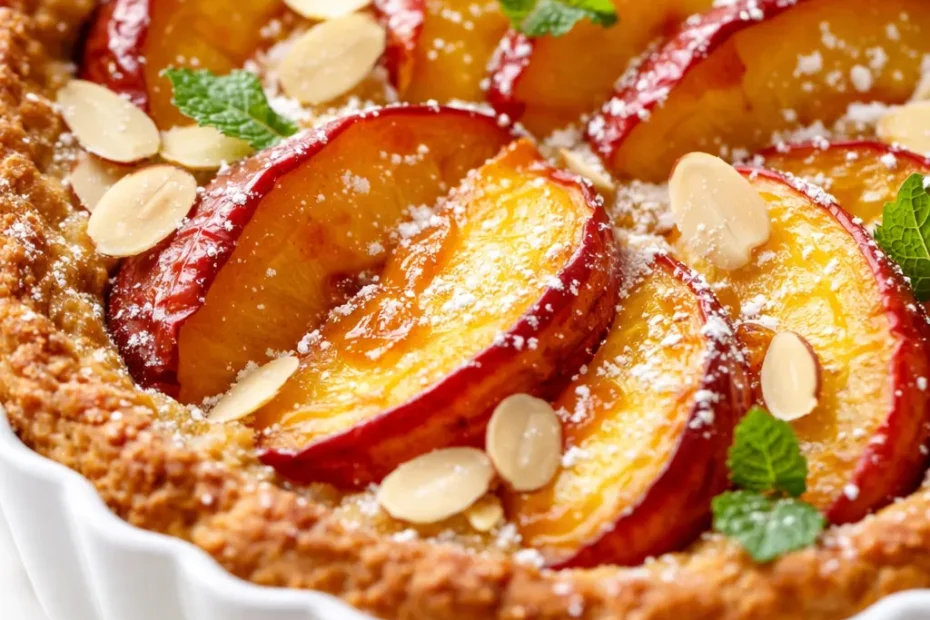 Golden browned butter frangipane tart topped with sliced fresh peaches and toasted almond slivers, showing flaky crust and creamy filling.