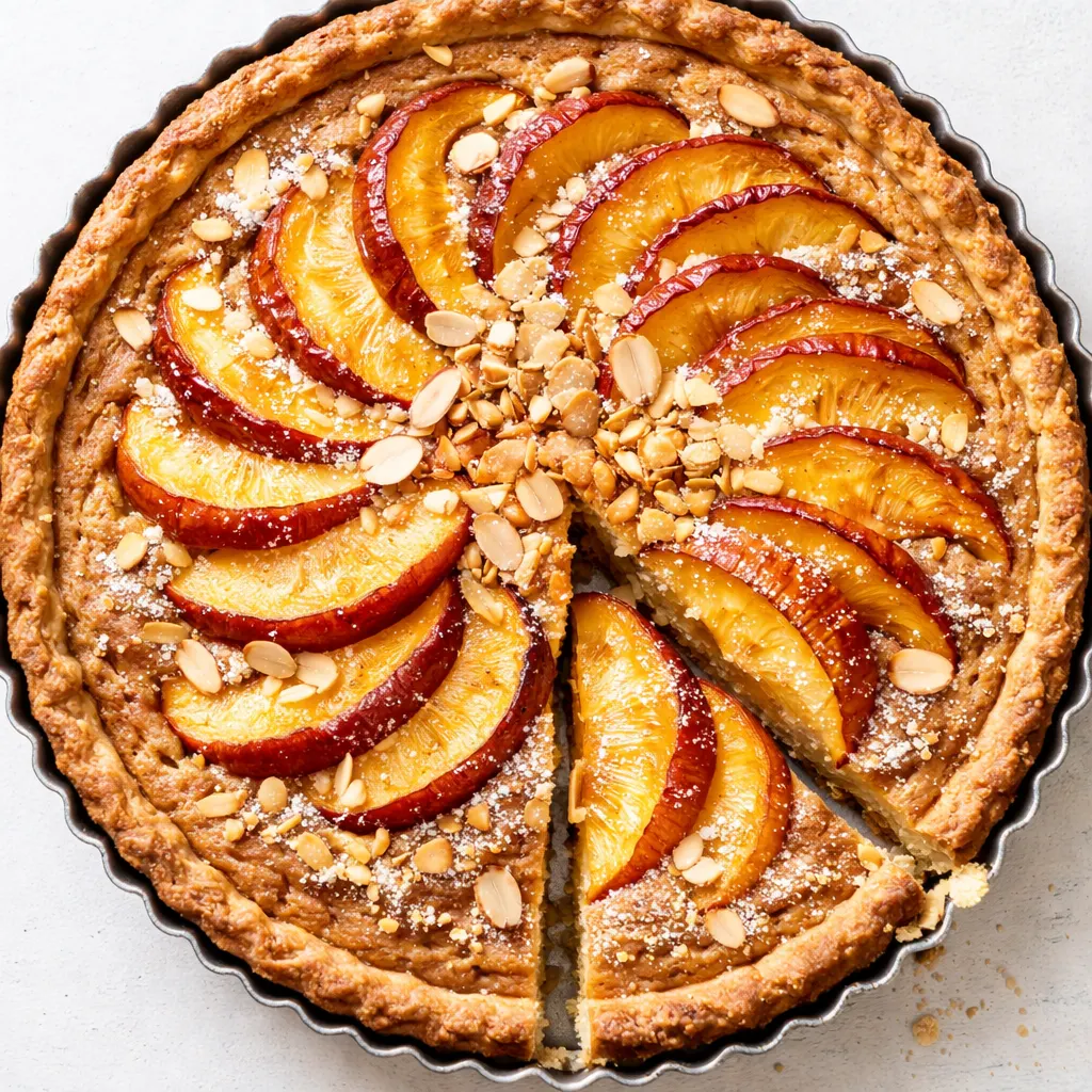 Preparing a peach and almond tart: spreading rich browned butter frangipane over juicy peach slices in a golden crust.