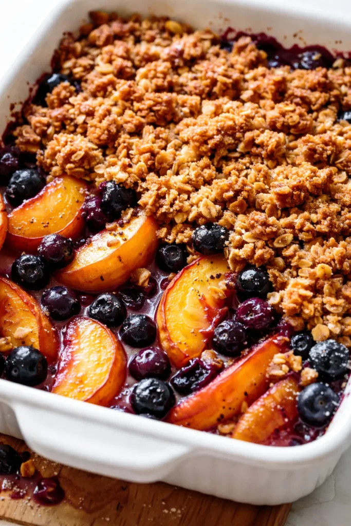 Peach and blueberry crisp with brown butter topping, golden and bubbly, served in a cast iron skillet with vanilla ice cream melting on top.
