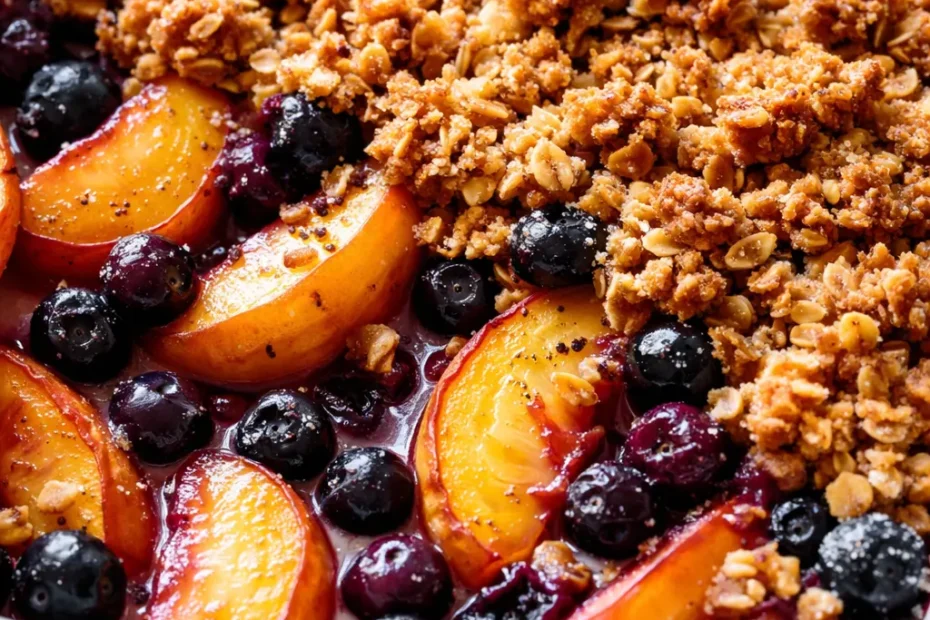 Peach and blueberry crisp with brown butter topping, golden and bubbly, served in a cast iron skillet with vanilla ice cream melting on top.