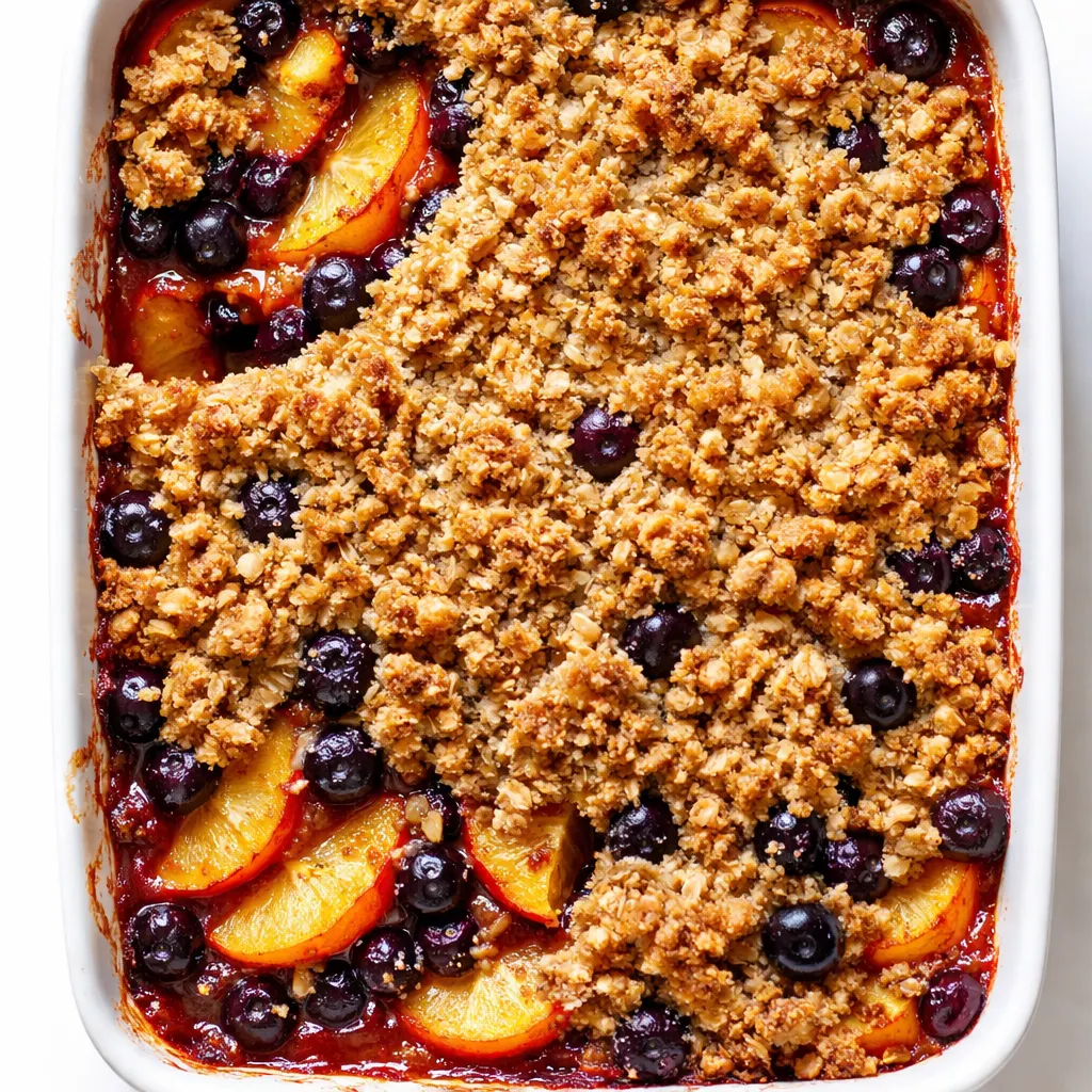 Golden-brown peach and blueberry crisp with brown butter crumb topping in a baking dish, bubbling around the edges