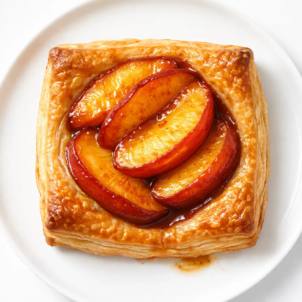 Sliced peaches arranged on golden puff pastry squares brushed with brown sugar, showing the layers before baking.