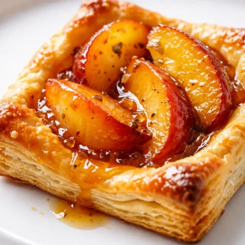 Golden brown peach and brown sugar puff pastry tarts with flaky layers and glossy peach slices on a white plate.