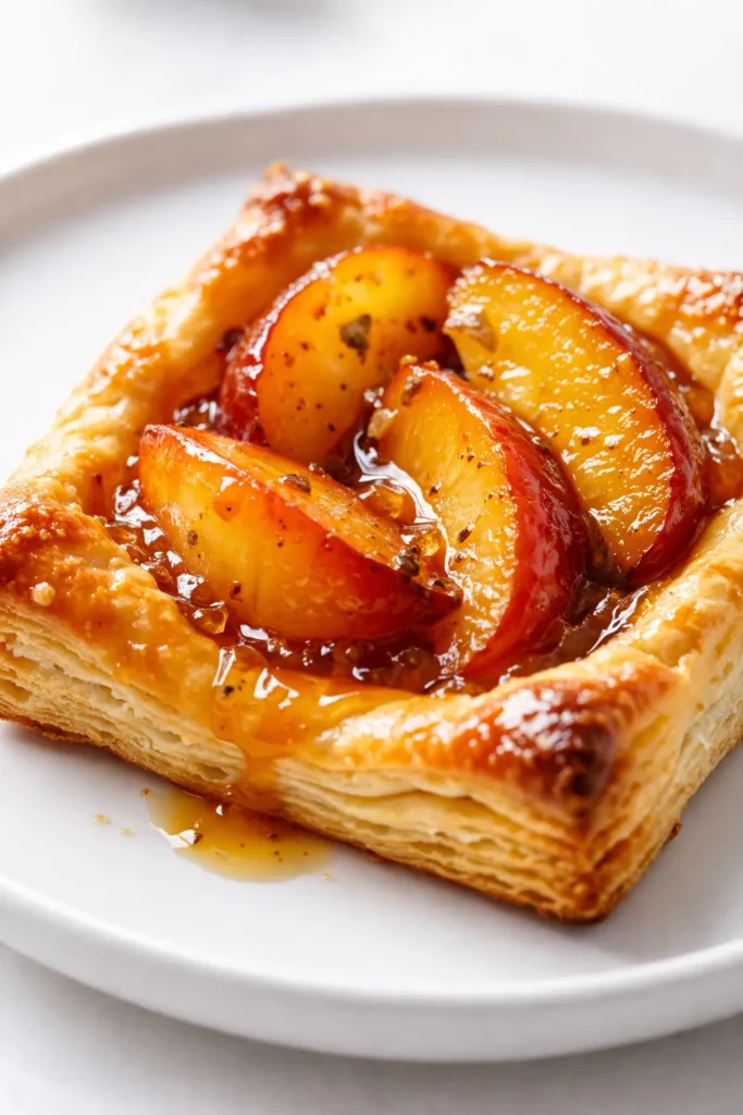 Golden brown peach and brown sugar puff pastry tarts with flaky layers and glossy peach slices on a white plate.