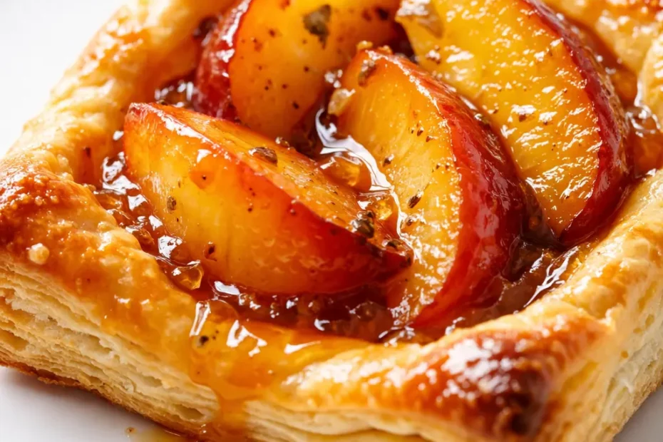 Golden brown peach and brown sugar puff pastry tarts with flaky layers and glossy peach slices on a white plate.