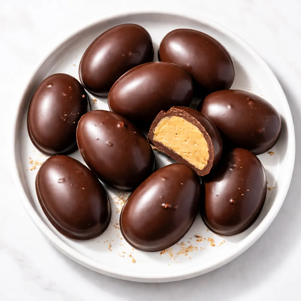 Bite taken from a peanut butter Easter egg revealing a thick, glossy chocolate shell that snaps cleanly over creamy peanut butter filling.