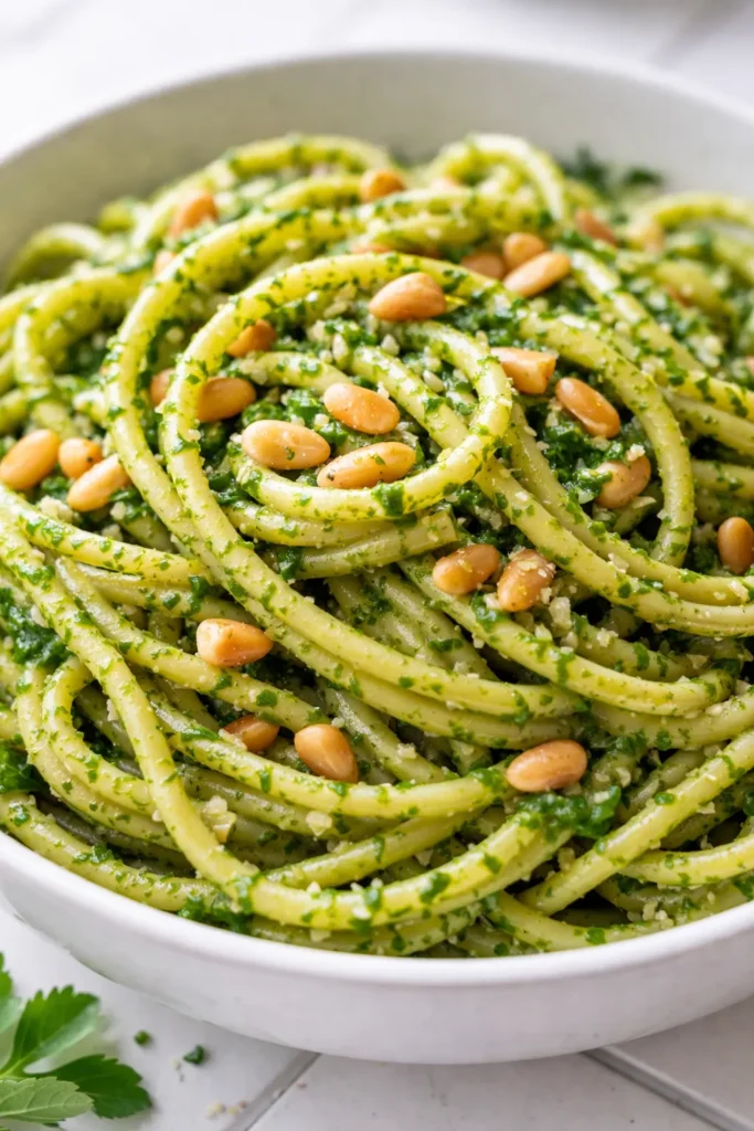 Pesto pasta with the best pesto sauce, vibrant green sauce clinging to rotini pasta, topped with Parmesan and basil.