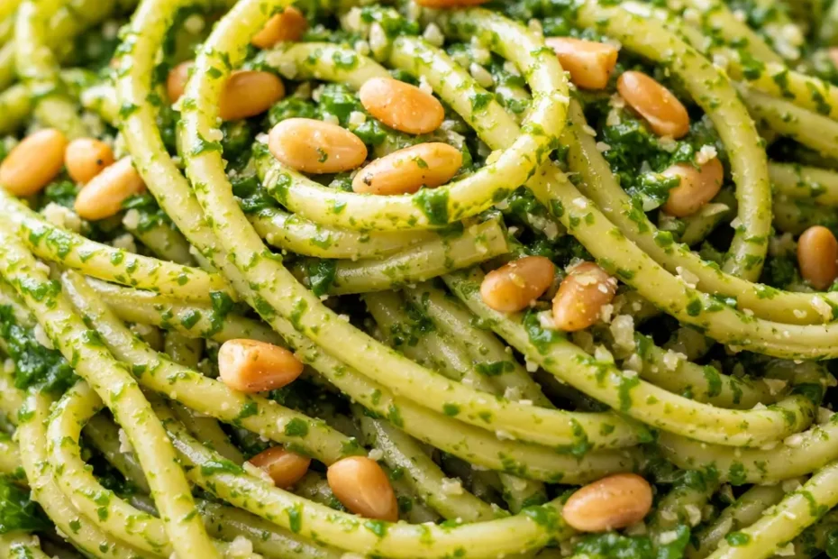 Pesto pasta with the best pesto sauce, vibrant green sauce clinging to rotini pasta, topped with Parmesan and basil.