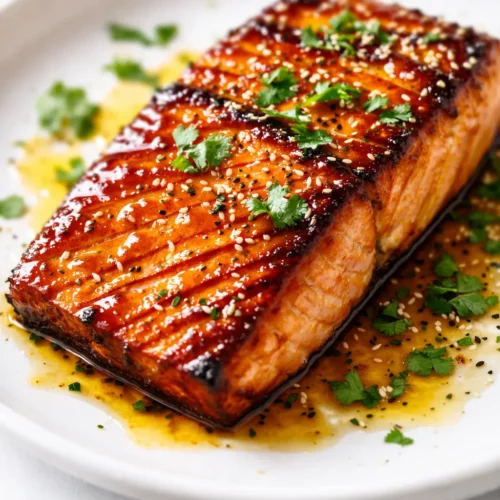 Sticky pineapple glazed salmon fillet with glossy caramelized finish, brushed with sweet and savory sauce, garnished with sesame seeds and green onions.