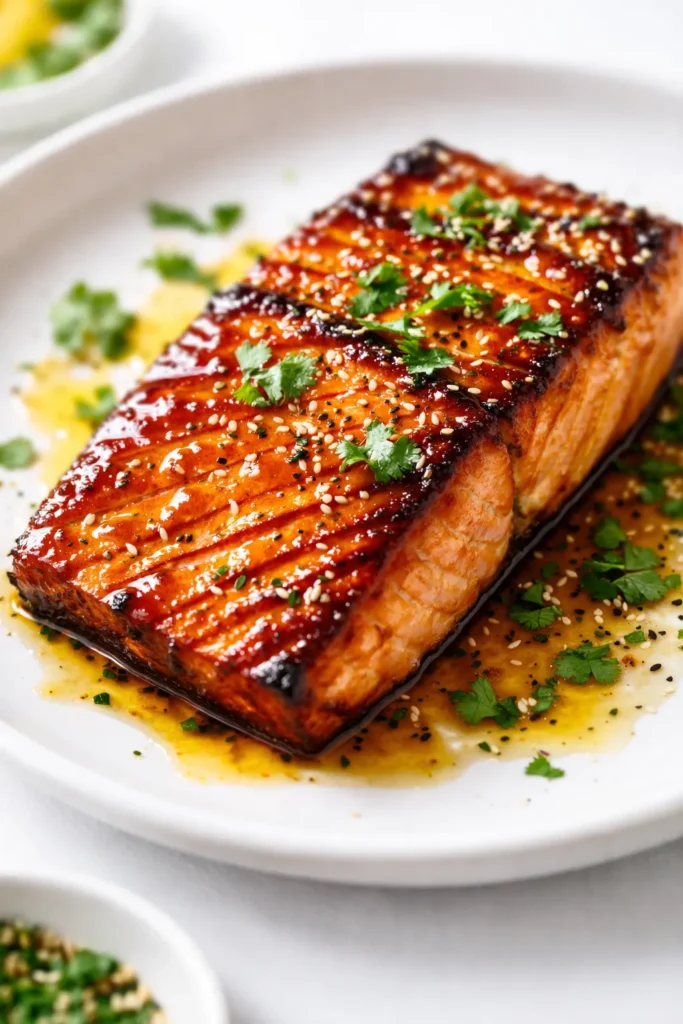 Sticky pineapple glazed salmon fillet with glossy caramelized finish, brushed with sweet and savory sauce, garnished with sesame seeds and green onions.
