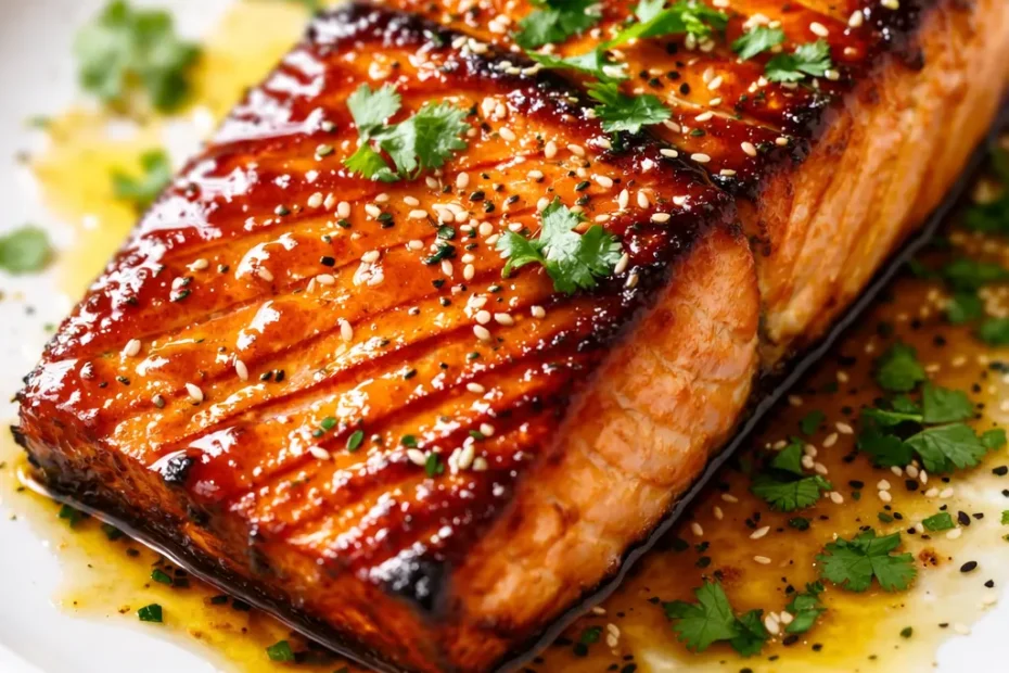 Sticky pineapple glazed salmon fillet with glossy caramelized finish, brushed with sweet and savory sauce, garnished with sesame seeds and green onions.