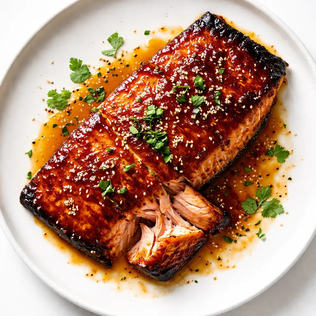 Pineapple glazed salmon being basted with sticky, savory glaze, showing caramelized edges and glossy finish.