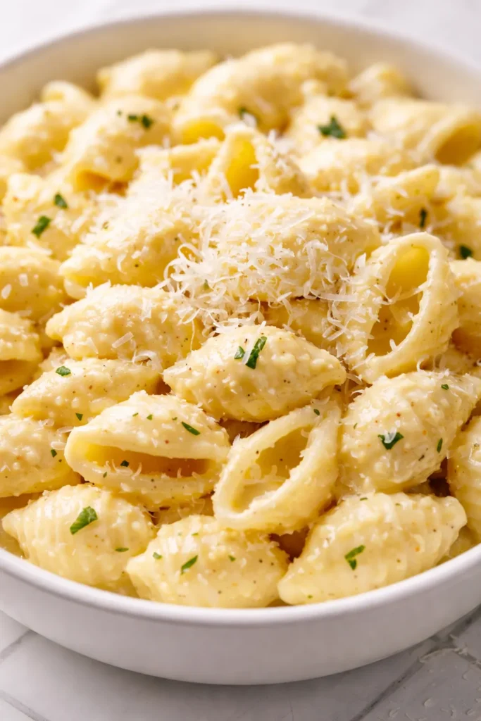 Creamy lemon ricotta pasta with fresh lemon zest and parsley in a white ceramic bowl, garnished with a fork.