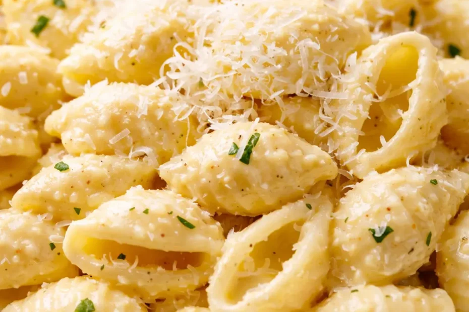 Creamy lemon ricotta pasta with fresh lemon zest and parsley in a white ceramic bowl, garnished with a fork.