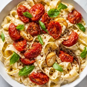 Roasted tomatoes and garlic cloves with dollops of ricotta cheese, key ingredients for creamy roasted tomato and garlic ricotta pasta.