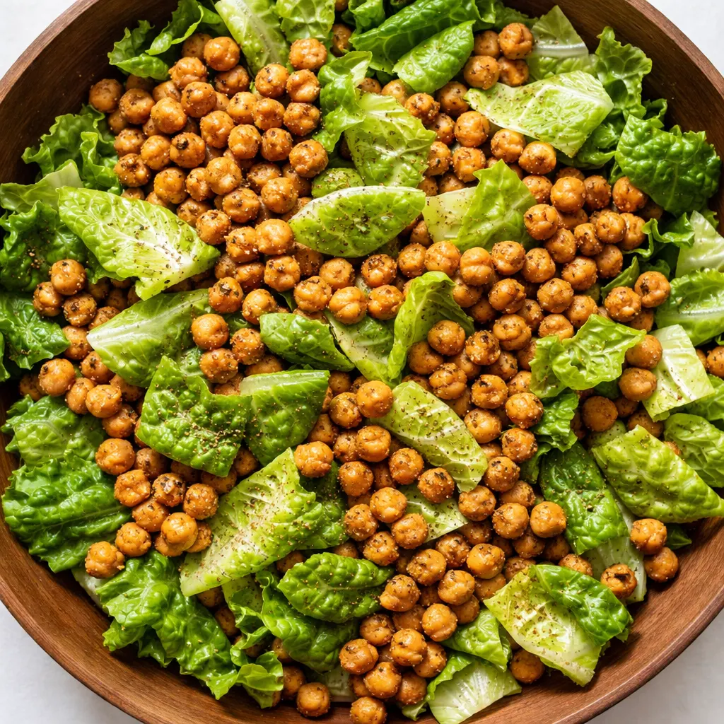 Simple romaine Caesar salad topped with crunchy chickpea croutons and creamy Caesar dressing.