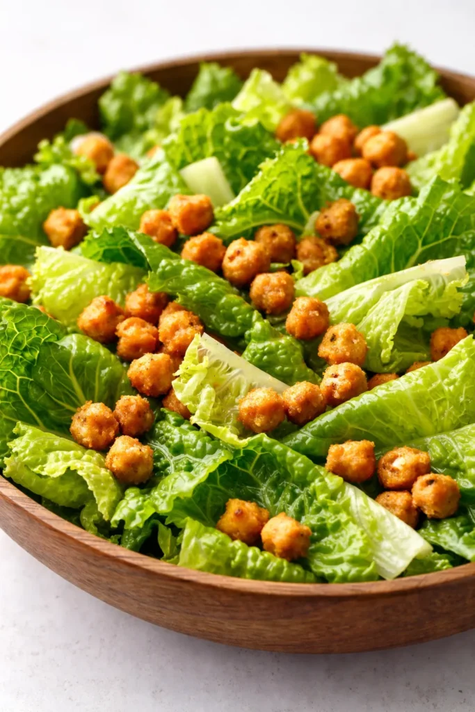 Fresh romaine leaves tossed in creamy Caesar dressing topped with crispy golden chickpea croutons and shaved Parmesan.