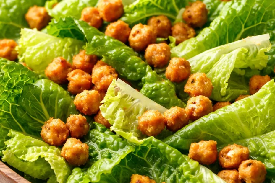 Fresh romaine leaves tossed in creamy Caesar dressing topped with crispy golden chickpea croutons and shaved Parmesan.