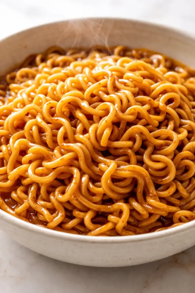 Glossy saucy ramen noodles coated in a rich, spicy red sauce, topped with sliced scallions and a soft-boiled egg in a ceramic bowl.