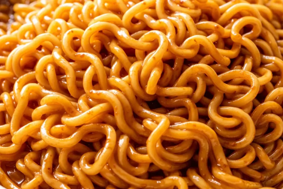 Glossy saucy ramen noodles coated in a rich, spicy red sauce, topped with sliced scallions and a soft-boiled egg in a ceramic bowl.