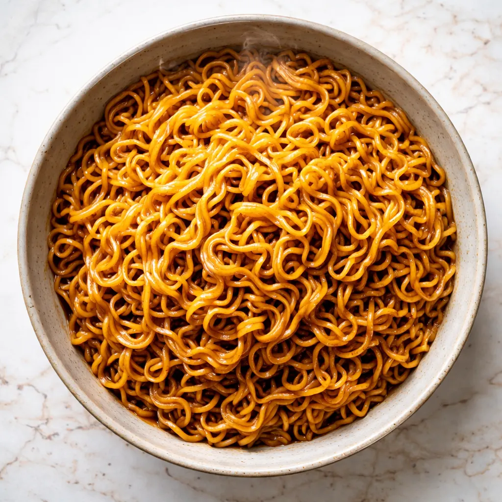 Glossy saucy ramen noodles coated in rich brown sauce, garnished with green scallions and sesame seeds, steam rising from the bowl.