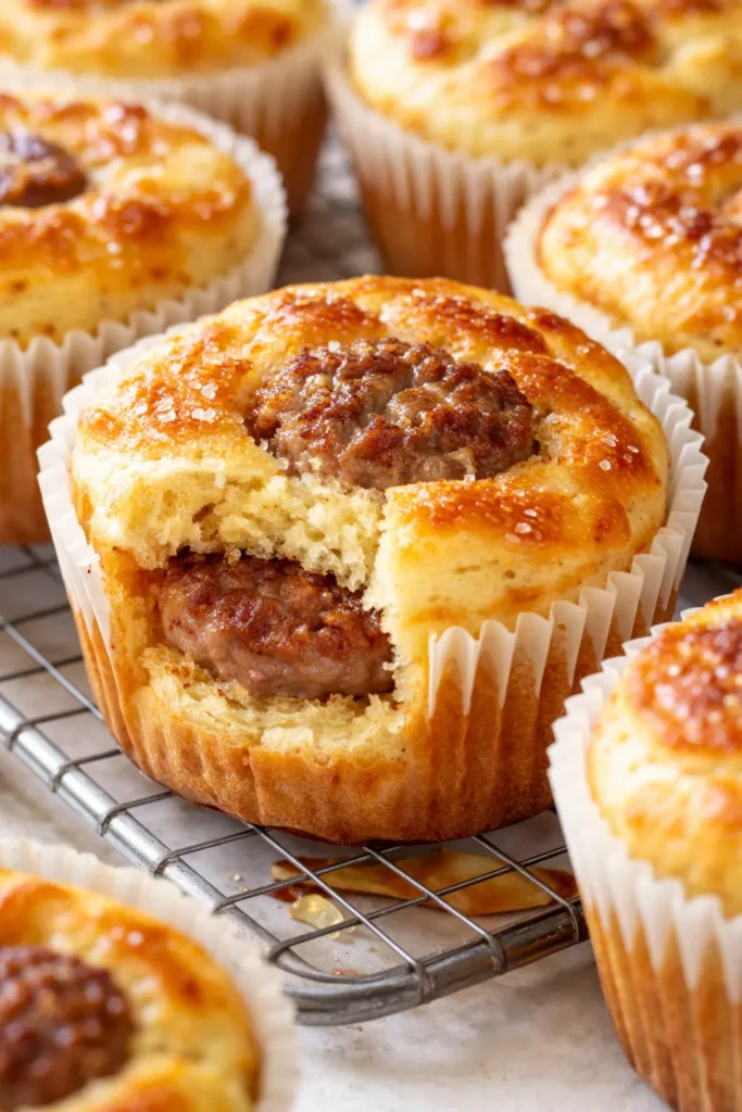 Golden brown, fluffy sausage mcgriddle muffins topped with melted cheese and maple syrup.