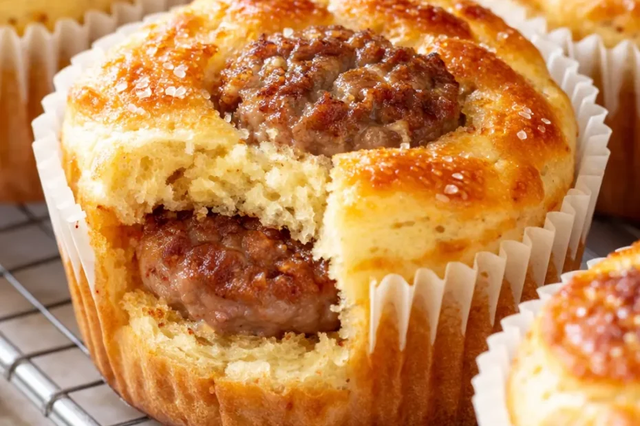 Golden brown, fluffy sausage mcgriddle muffins topped with melted cheese and maple syrup.