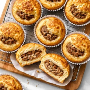 Assembling sausage McGriddle muffins in a muffin tin with pancake batter and sausage patties, showing golden brown edges and fluffy texture.