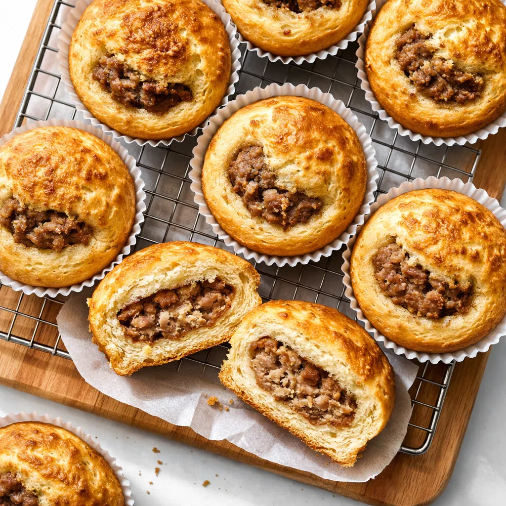 Assembling sausage McGriddle muffins in a muffin tin with pancake batter and sausage patties, showing golden brown edges and fluffy texture.
