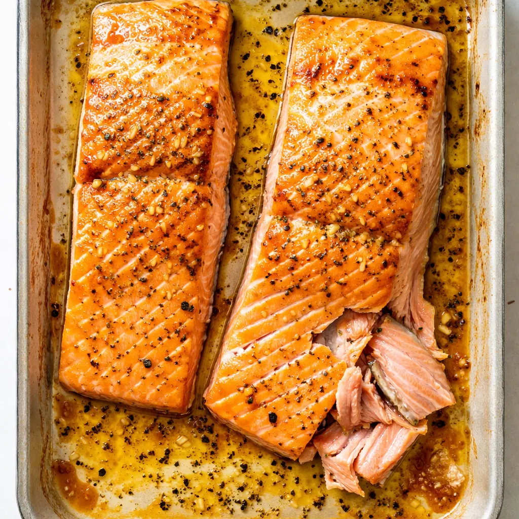 Raw salmon fillets with lemon slices and garlic butter sauce on a sheet pan before baking.
