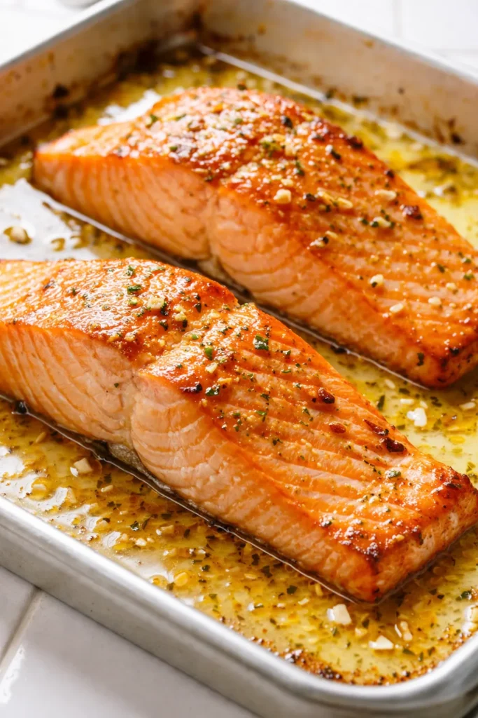 Sheet pan lemon garlic butter salmon with roasted lemon slices and fresh parsley, featuring crispy golden skin and flaky tender flesh.