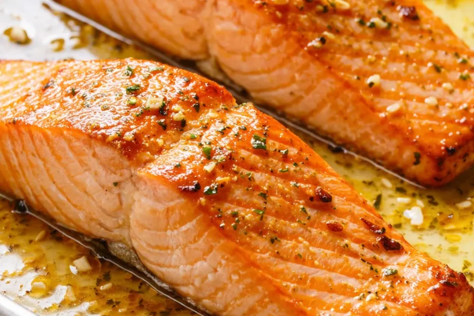 Sheet pan lemon garlic butter salmon with roasted lemon slices and fresh parsley, featuring crispy golden skin and flaky tender flesh.