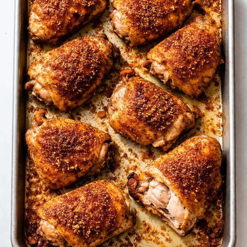 Golden brown sheet pan parmesan garlic chicken thighs with crispy, crackling skin and melted parmesan cheese.
