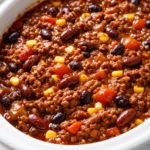 Golden brown crispy tater tots topping a hearty slow cooker cowboy casserole with seasoned ground beef, melted cheddar cheese, and savory beans.