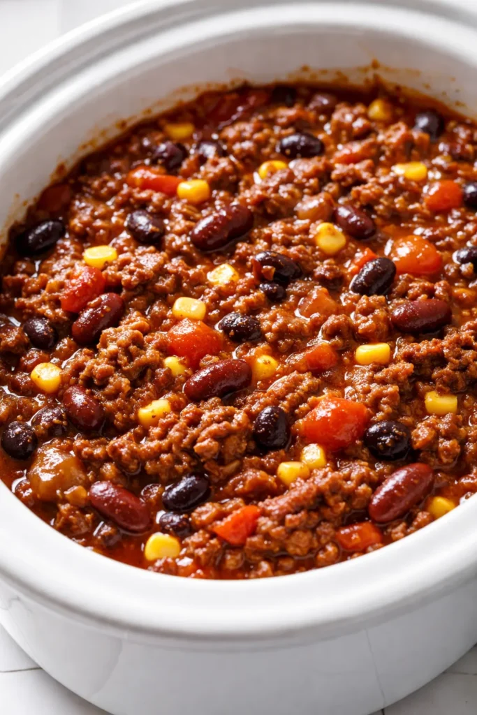 Golden brown crispy tater tots topping a hearty slow cooker cowboy casserole with seasoned ground beef, melted cheddar cheese, and savory beans.