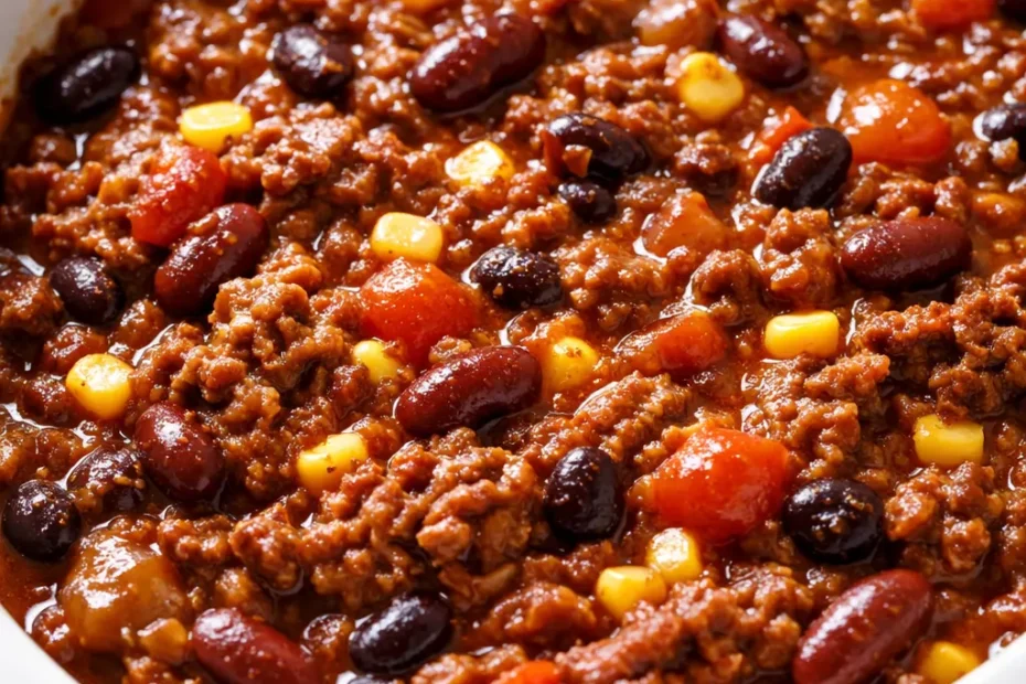 Golden brown crispy tater tots topping a hearty slow cooker cowboy casserole with seasoned ground beef, melted cheddar cheese, and savory beans.