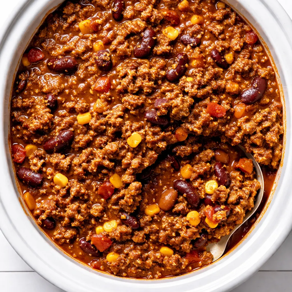Layers of seasoned ground beef, pinto beans, and corn in a slow cooker for cowboy casserole, ready for tater tots.