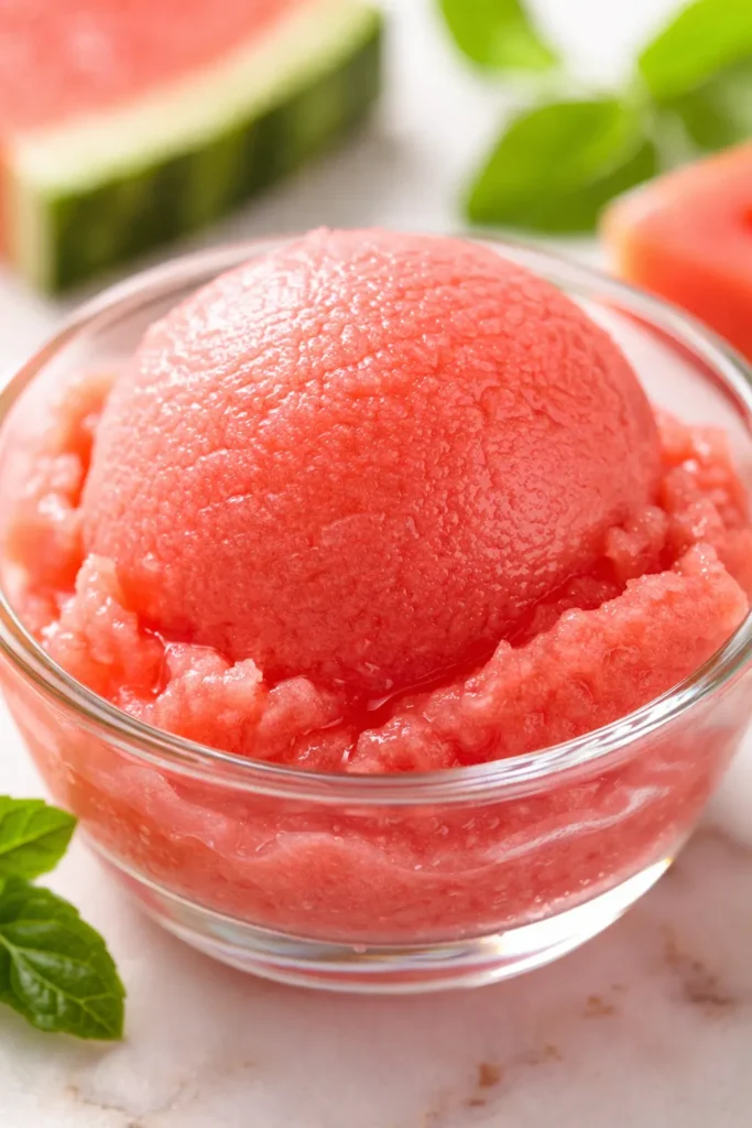 Smooth and scoopable watermelon sorbet in a glass bowl, vibrant pink color with no ice crystals, perfect summer treat.