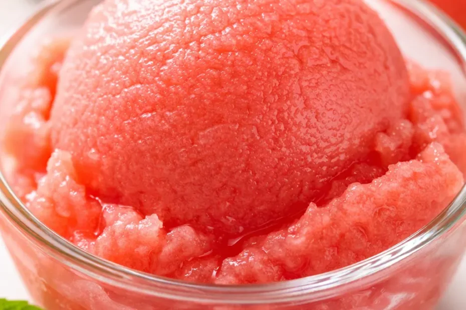 Smooth and scoopable watermelon sorbet in a glass bowl, vibrant pink color with no ice crystals, perfect summer treat.