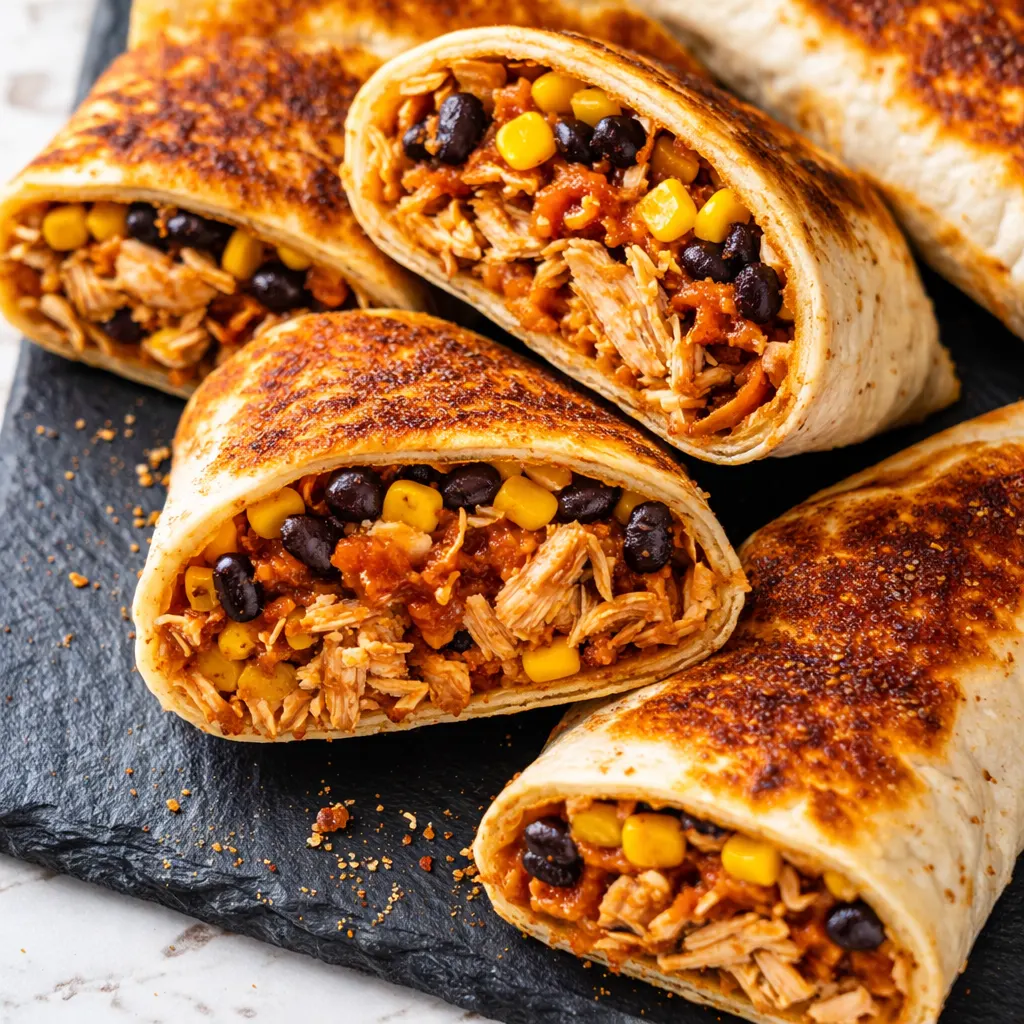 Seasoned chicken strips sizzling on a hot grill, with tortillas and chopped peppers nearby, for crispy Southwest chicken wraps.