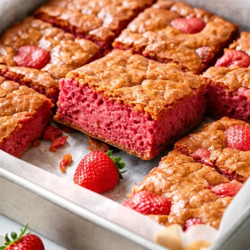 Fudgy strawberry brownies with a rich red color and creamy white chocolate drizzle on top, cut into squares.