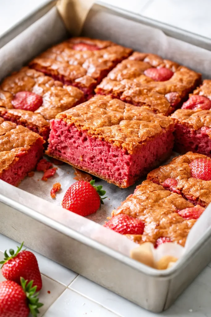 Fudgy strawberry brownies with a rich red color and creamy white chocolate drizzle on top, cut into squares.