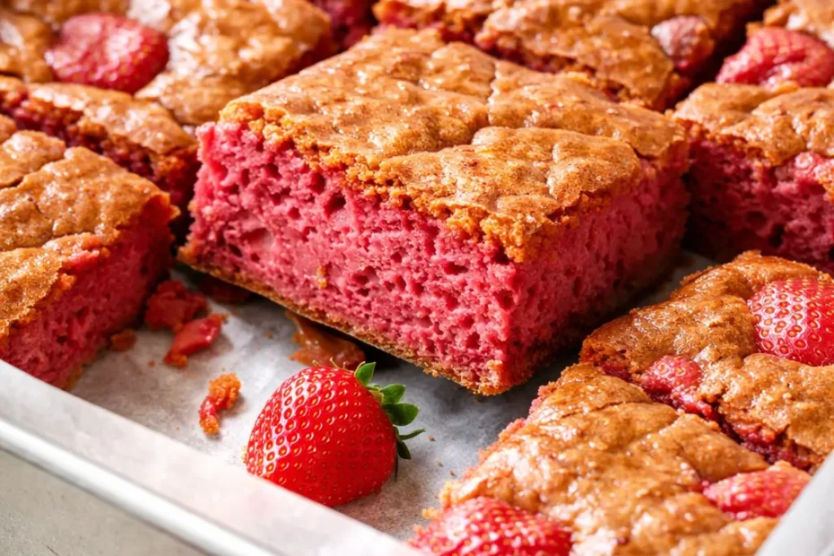 Fudgy strawberry brownies with a rich red color and creamy white chocolate drizzle on top, cut into squares.
