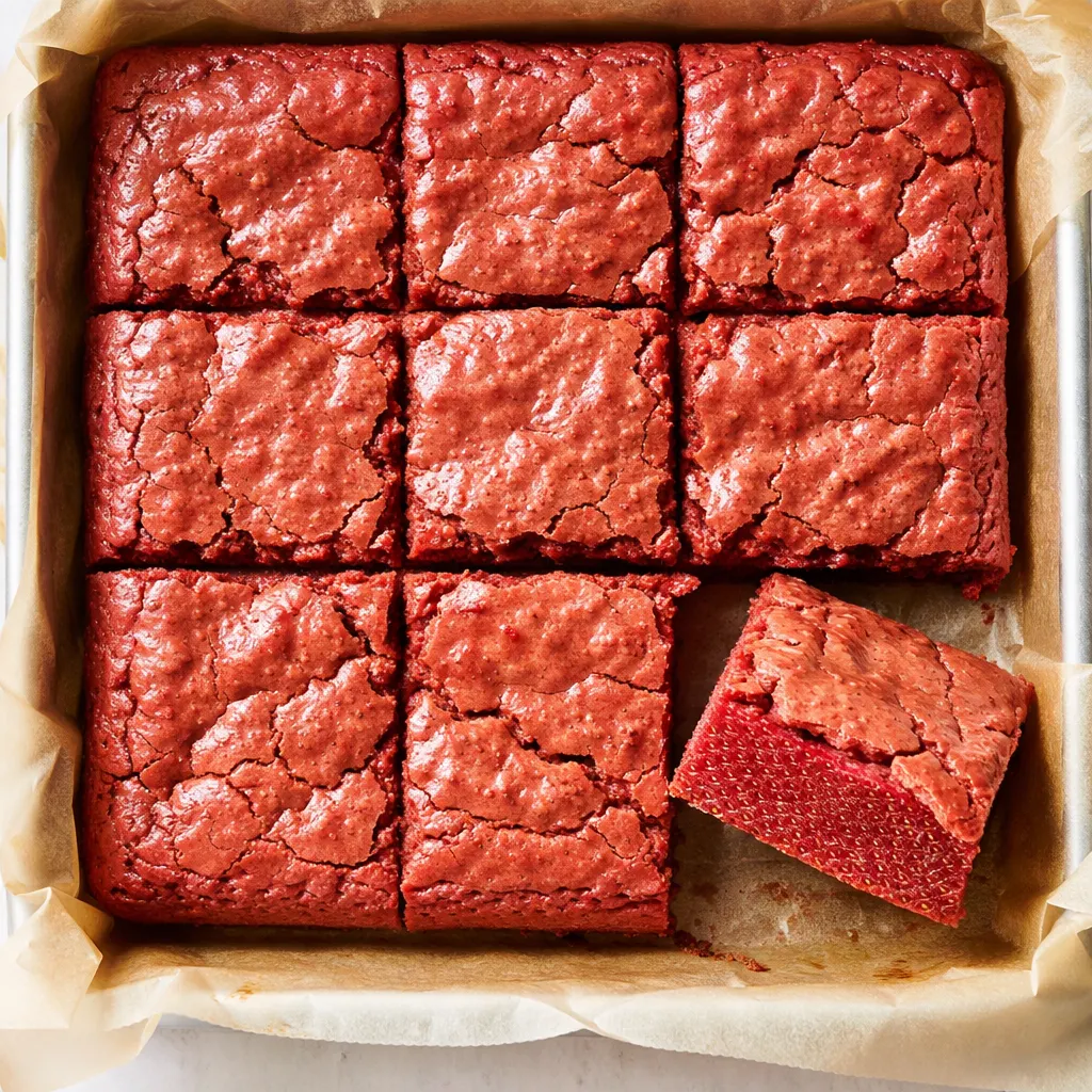 Rich, fudgy strawberry brownie batter with vibrant red fruit pieces, ready to bake into a decadent dessert.