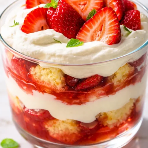 Layers of creamy cheesecake filling, fresh juicy strawberries, and whipped cream in a glass trifle bowl, a no-bake summer dessert.