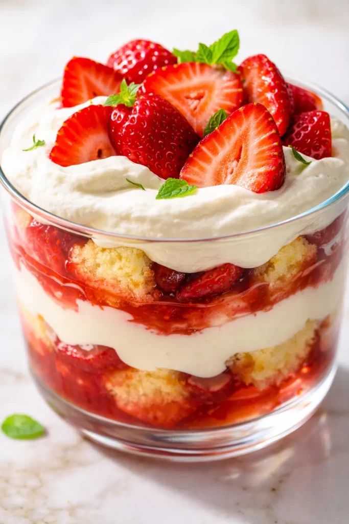 Layers of creamy cheesecake filling, fresh juicy strawberries, and whipped cream in a glass trifle bowl, a no-bake summer dessert.