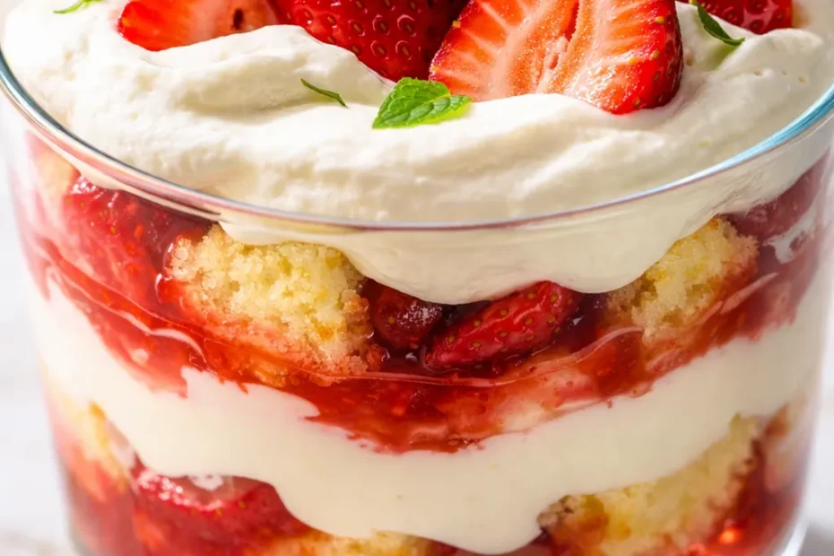 Layers of creamy cheesecake filling, fresh juicy strawberries, and whipped cream in a glass trifle bowl, a no-bake summer dessert.