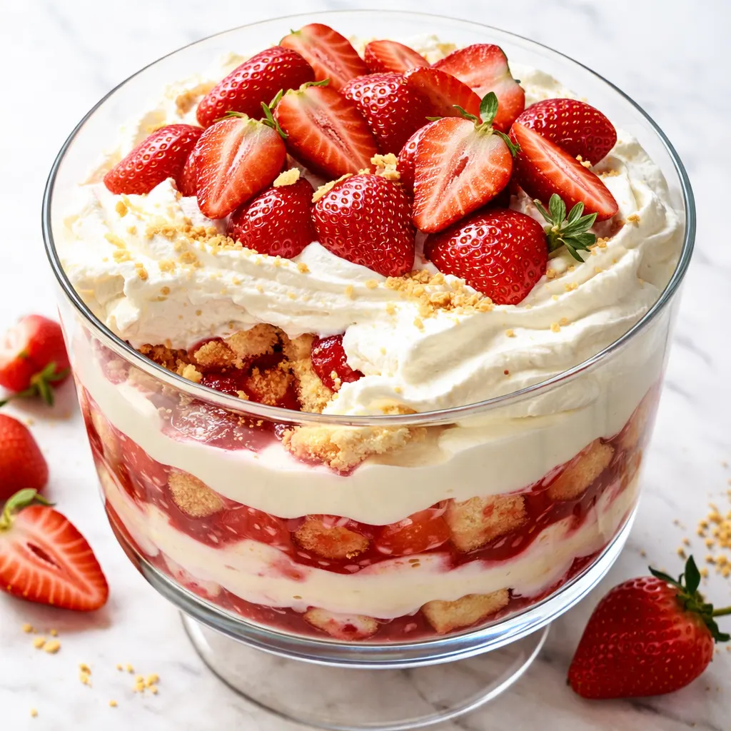 Layering strawberry cheesecake trifle ingredients: creamy cheesecake filling and juicy strawberries