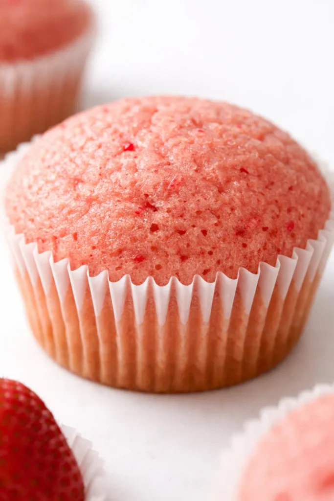 Strawberry cupcakes topped with pink buttercream frosting and a fresh strawberry slice, showing moist crumb and real berry specks.